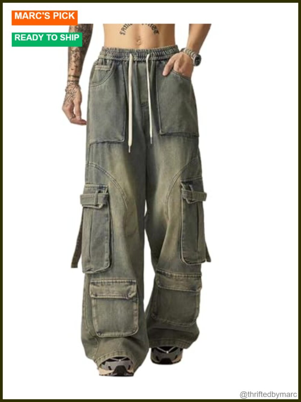 Vintage Washed Baggy Wide Leg Cargo Jeans High Waist Streetwear